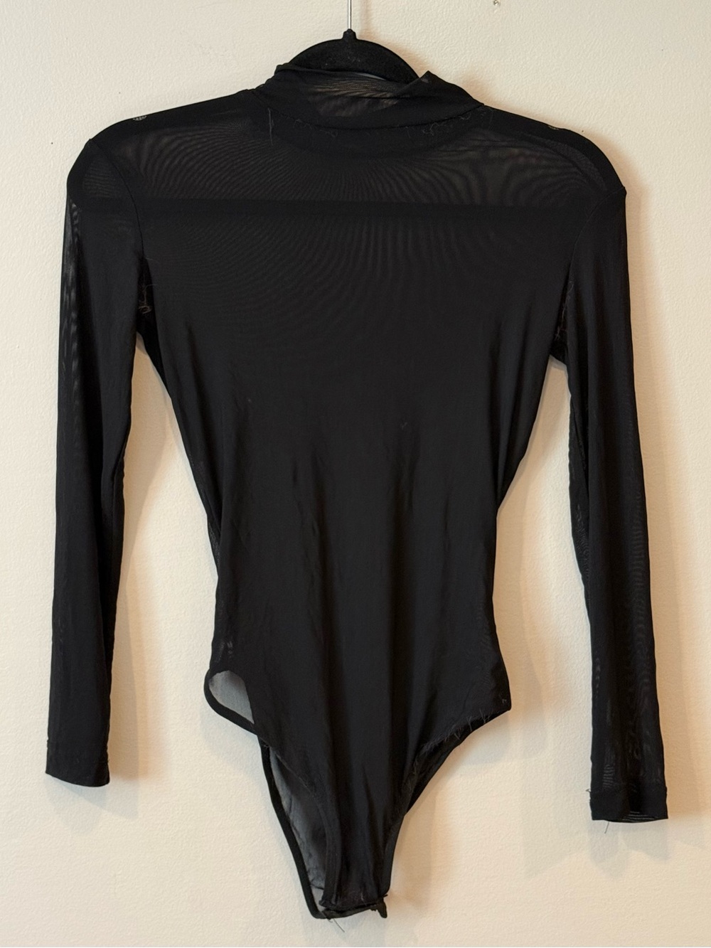 Minimalist Black Sheer Mesh Mock Neck Long Sleeve Bodysuit